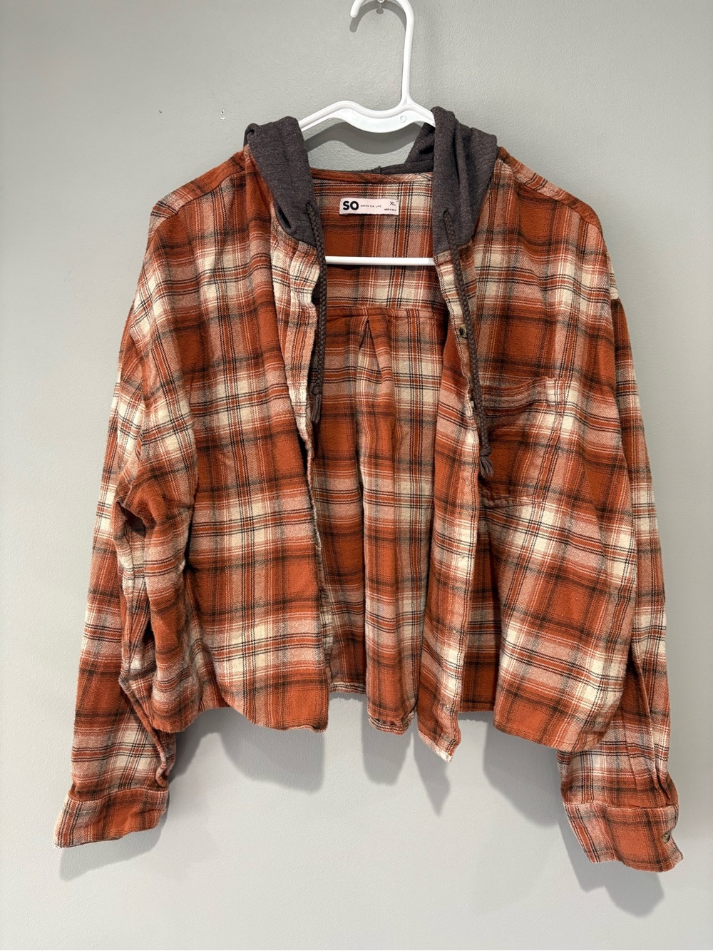 SO Sonoma Cropped Hooded Flannel Shirt XL Orange Plaid Grunge Shacket
